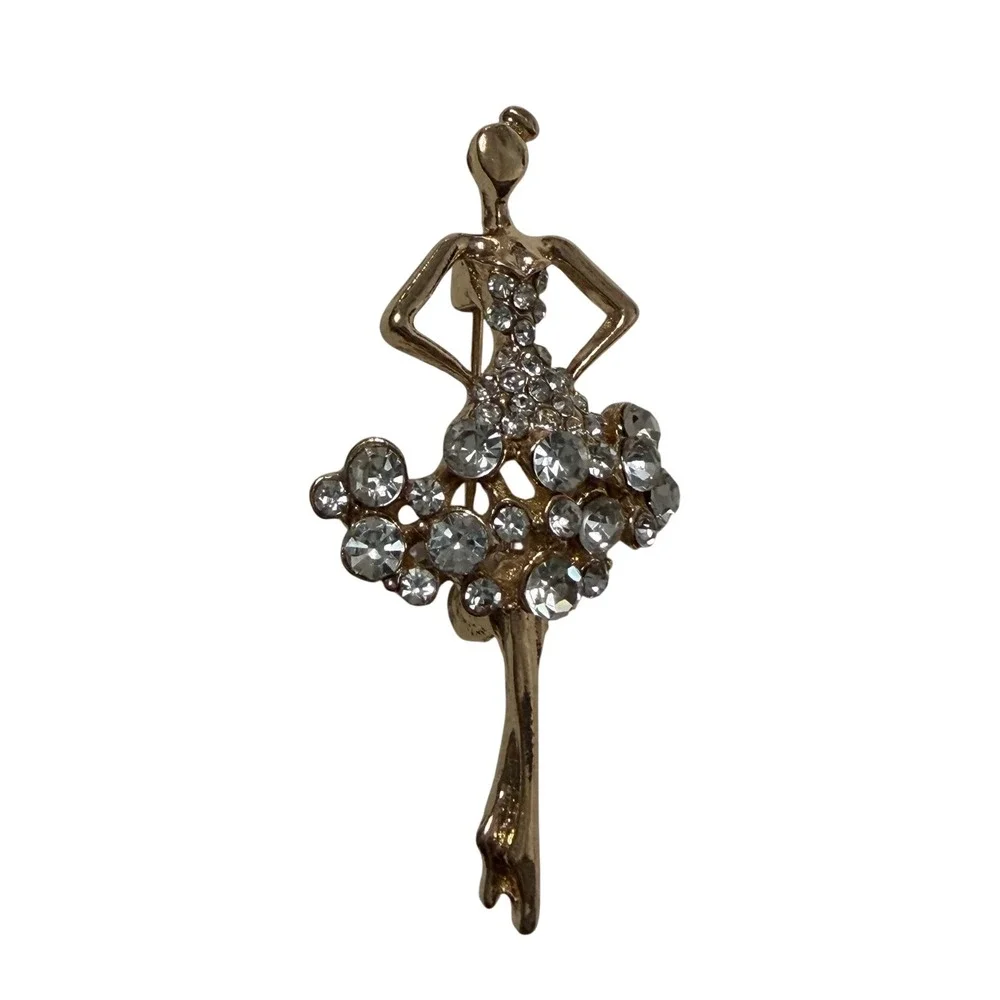 Vintage Gold Tone Ballerina Brooch Pin Rhinestone Ballet Dancer Recital Gift
